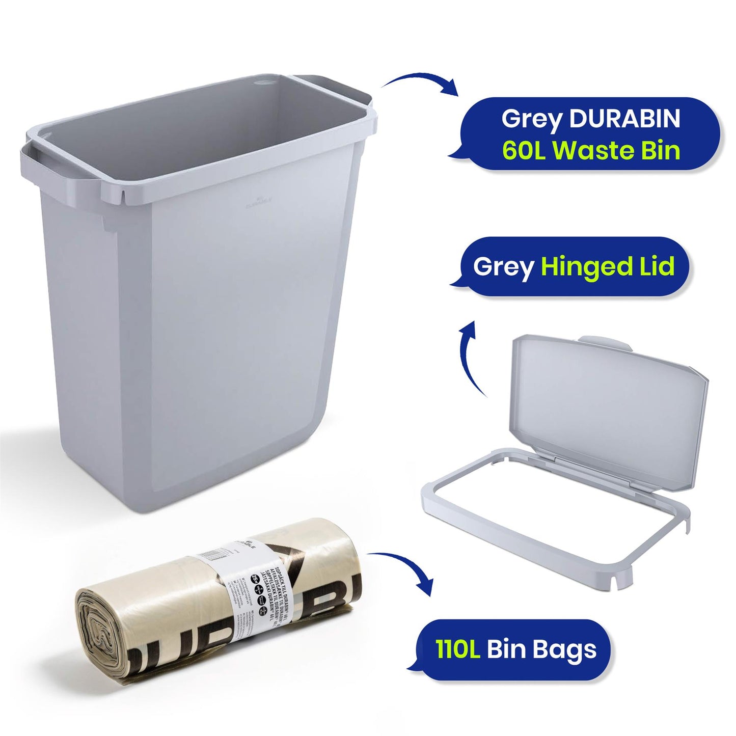 DURABIN 60L Grey Bin Set and Grey Hinged Lid with Paper Slot & 25x 110L Bin Bags