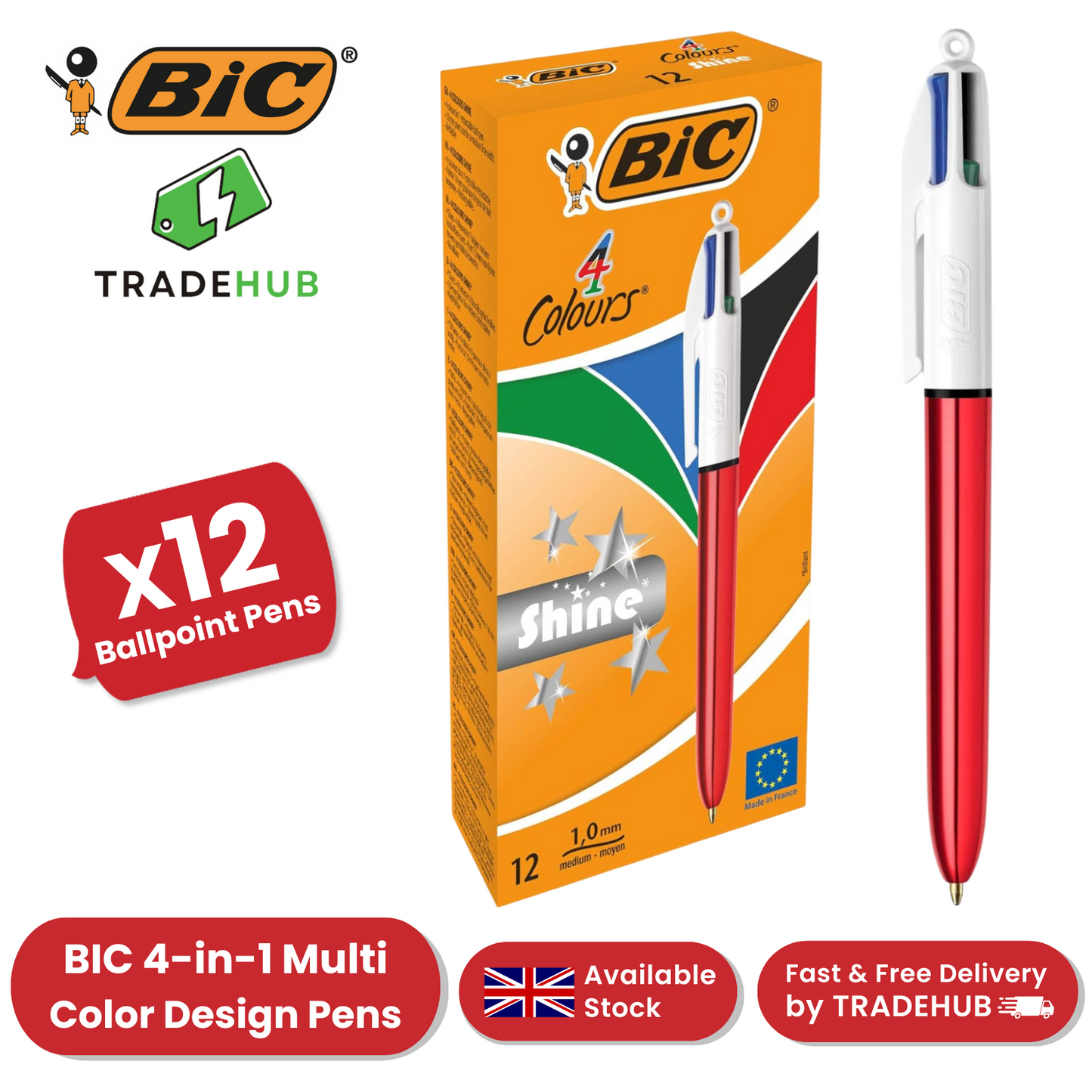 Bic 4 Colour Shine - Red - Pack of 12