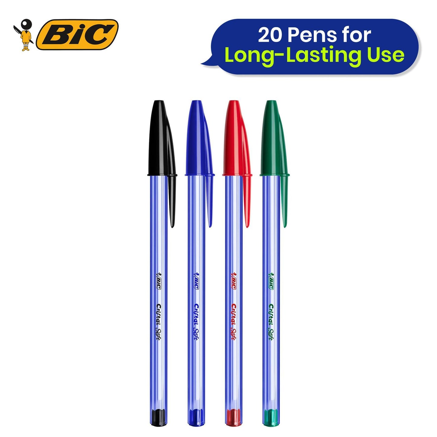 Bic Cristal Soft Ballpoint Pens Medium Tip (1.2 mm) Assorted Colours, Pack of 15 + 5,Black / Blue / Red / Green