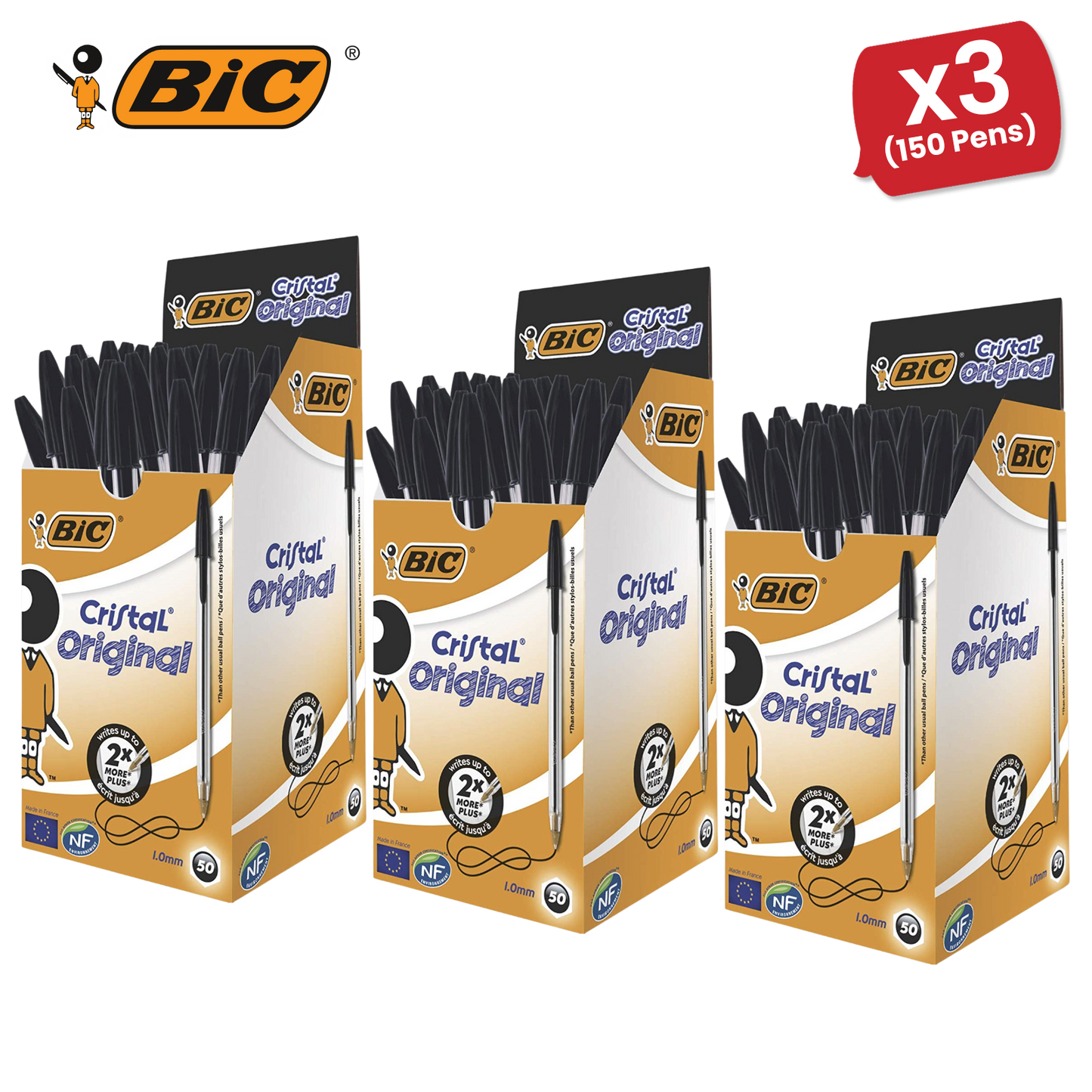 BIC CRISTAL MEDIUM BALL POINT PEN BLACK - BOX OF 50 - 1 to 5 Packs