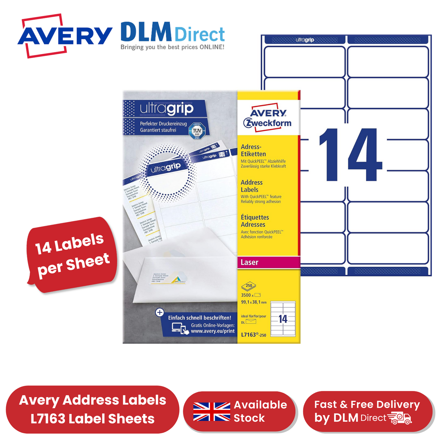 AVERY L7163-250 QUICKPEEL WHITE LASER ADDRESSING LABELS 99.1X38.1MM - BOX OF 250