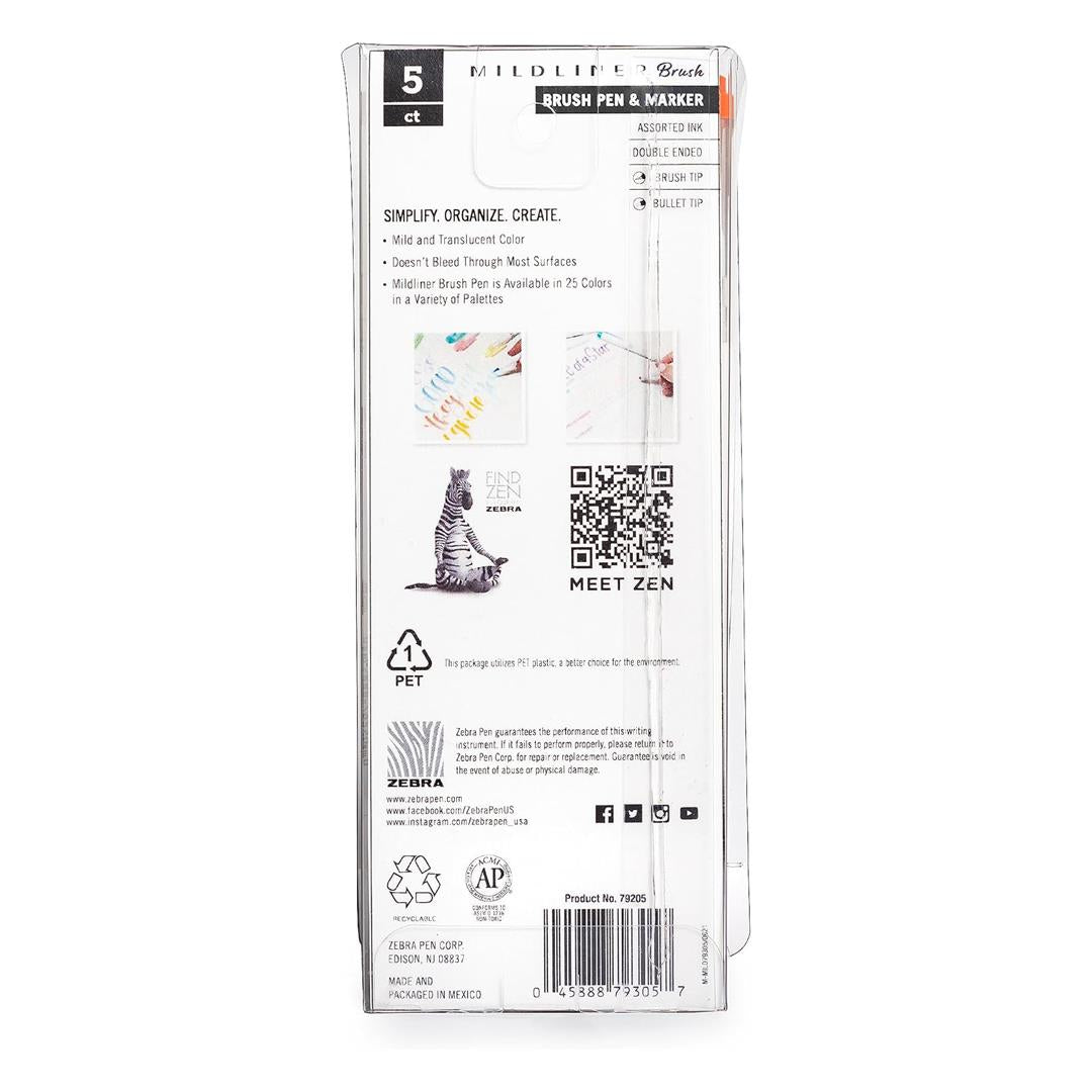 Zebra Mildliner Brush Highlighter - 5Pcs Dual Tip Pen, Assorted Colour Brush Pens for Colouring Book