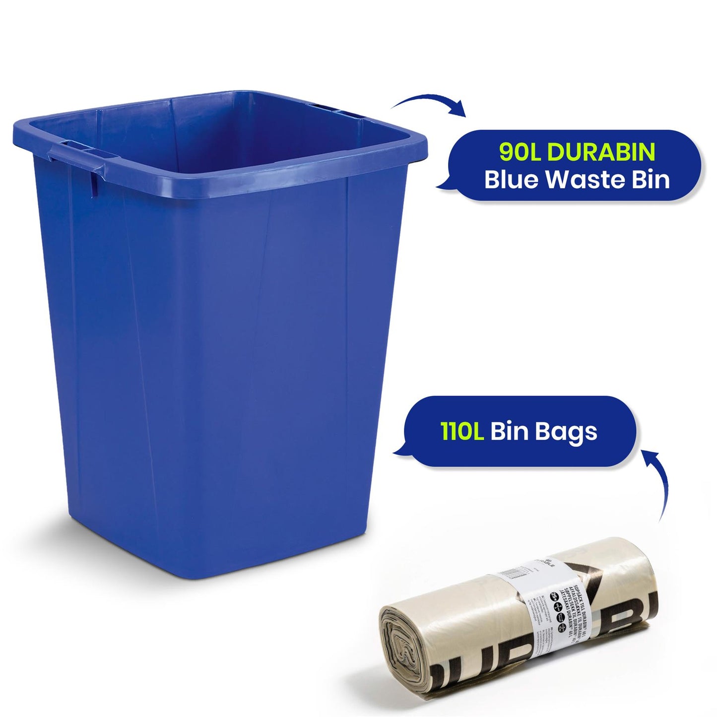 110L Bin Bags 25 Pack and 90L DURABIN Blue Waste Bin Bundle Strong Recycled Plastic Set