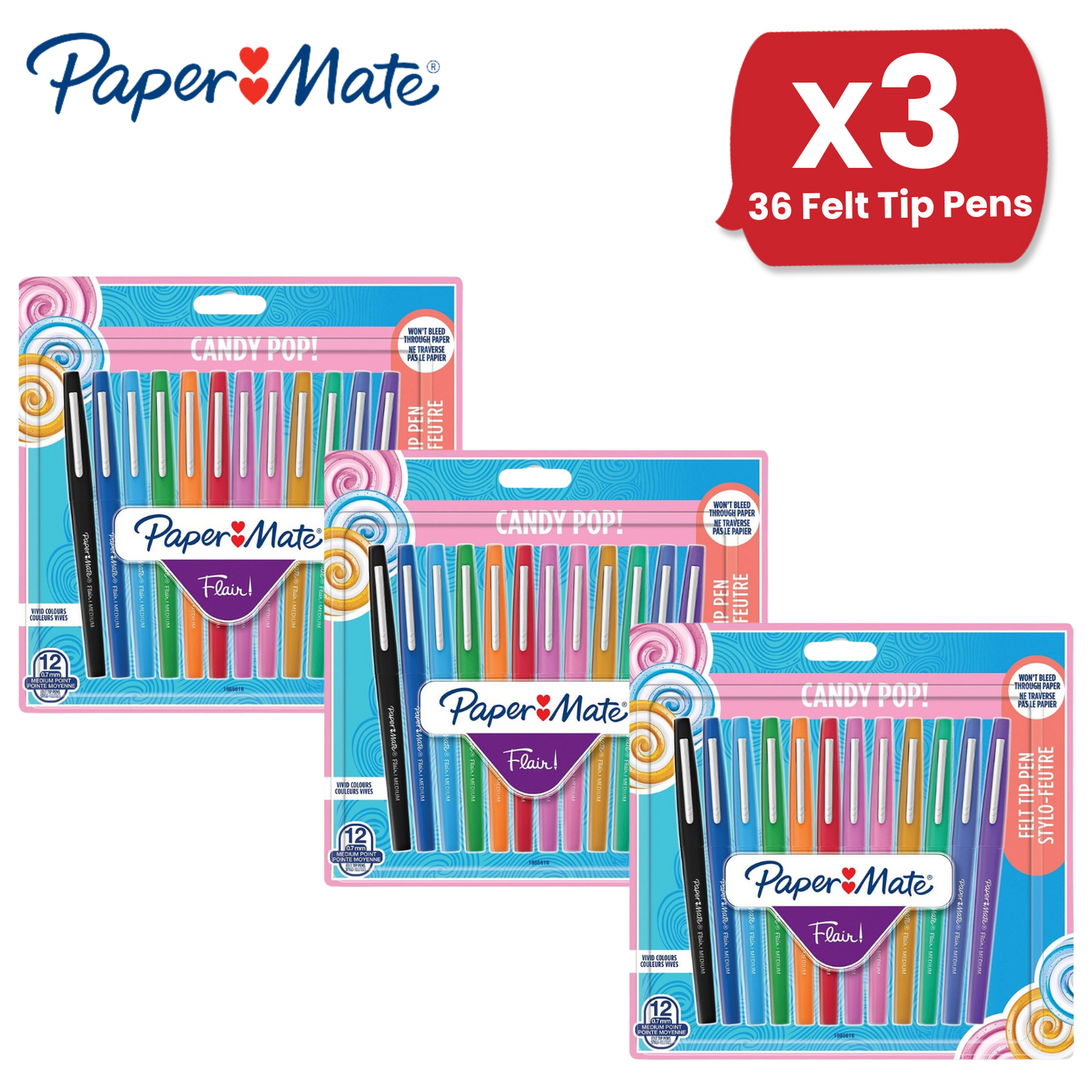 Paper Mate Flair Felt Tip Pens Candy Pop (12-Pack) - Vibrant Colors No-Bleed Ink