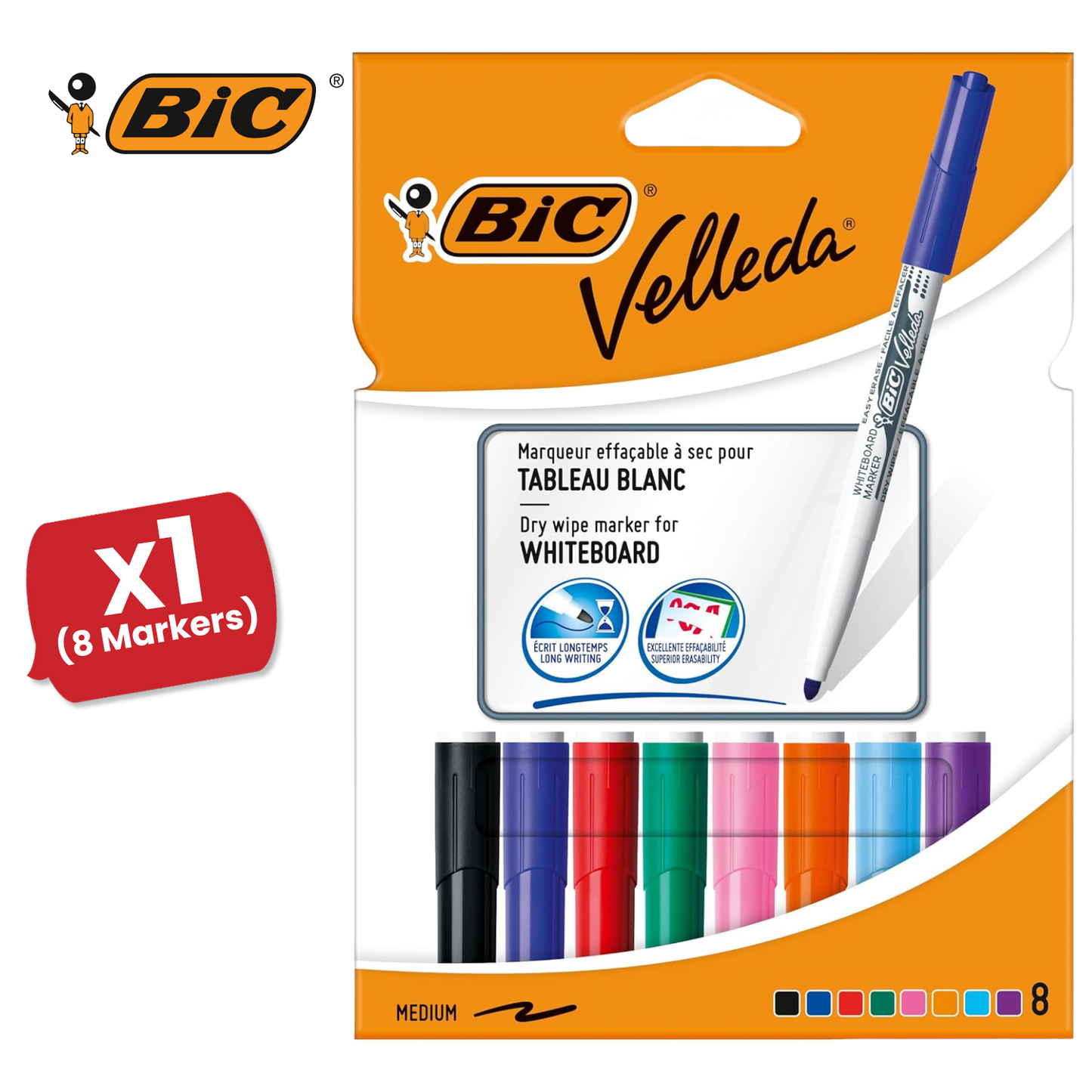 Bic Velleda 1741 Whiteboard Drywipe Assorted Marker - Pack of 8 - 1 to 5 Packs