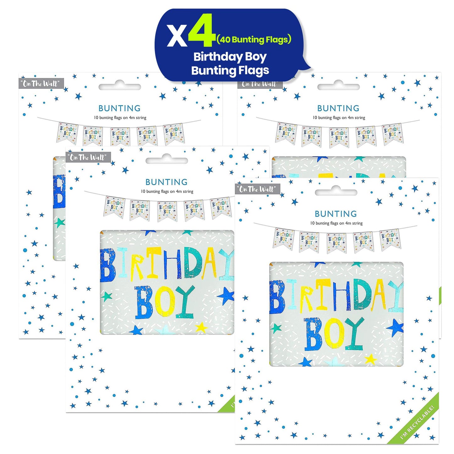 On The Wall Birthday Boy Bunting 4m with 10 Flags, Blue Reusable Party