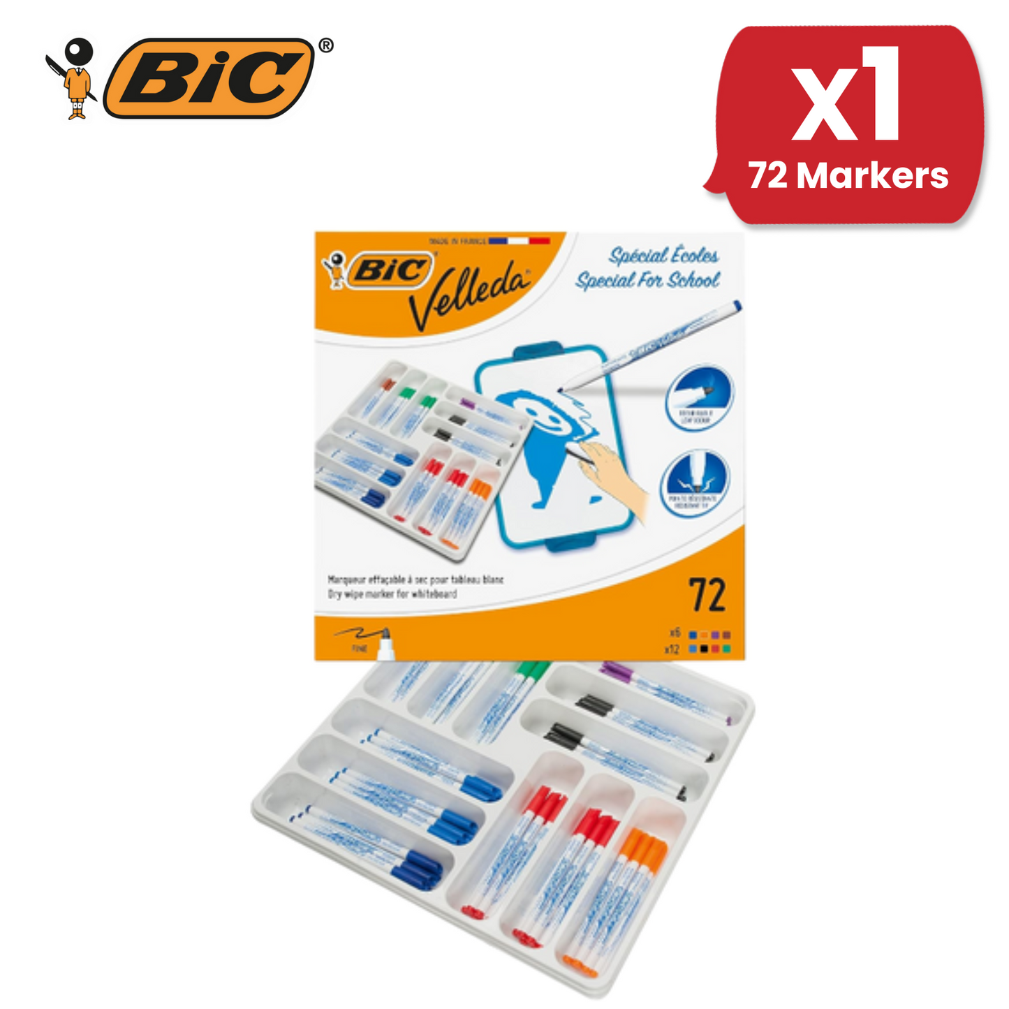 BIC Velleda Whiteboard Marker Pens Fine Tip - Assorted Colours, Classpack of 72