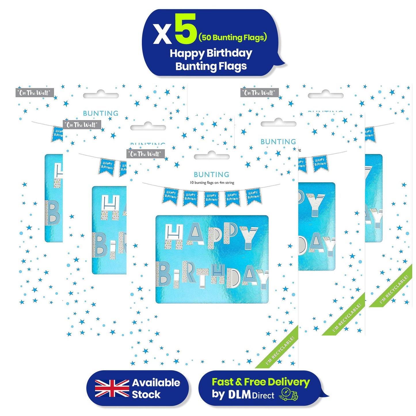 Happy Birthday Blue Bunting Reusable Party Decor 4m with 10 Flags