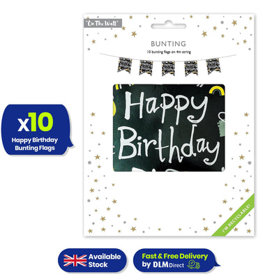 Happy Birthday Black and White Bunting Hanging Decoration- 4 metres long with 10 flags, ready to be hung straight from the pack, suitable for any Birthday Celebration