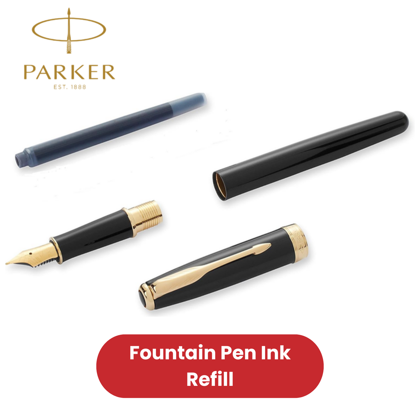 Parker Quink Black Ink Cartridges Fountain Pen Refill, Smooth Flow - Box of 5