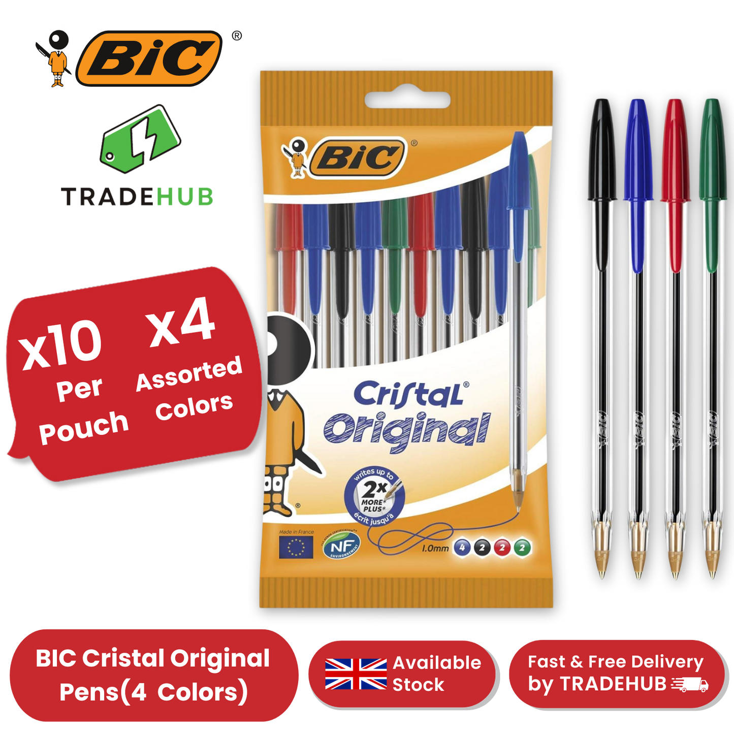 BIC Cristal Original Ballpoint Pens, Fine 1.0mm, 10 Assorted Colours, Comfortable Grip for School and Office