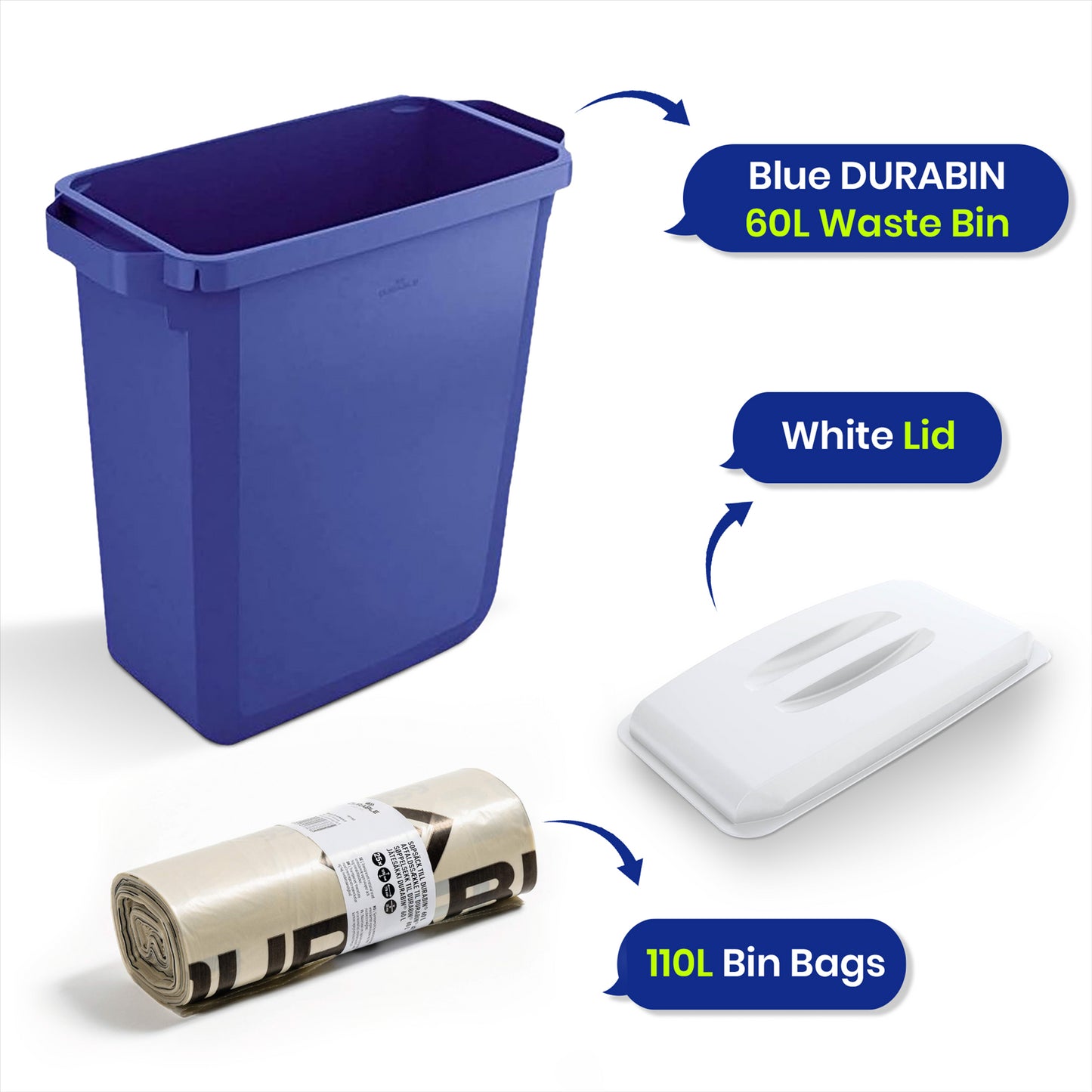 DURABIN 60L Blue Bin Set & White Lid and 25x 110L Recycled Bin Bags