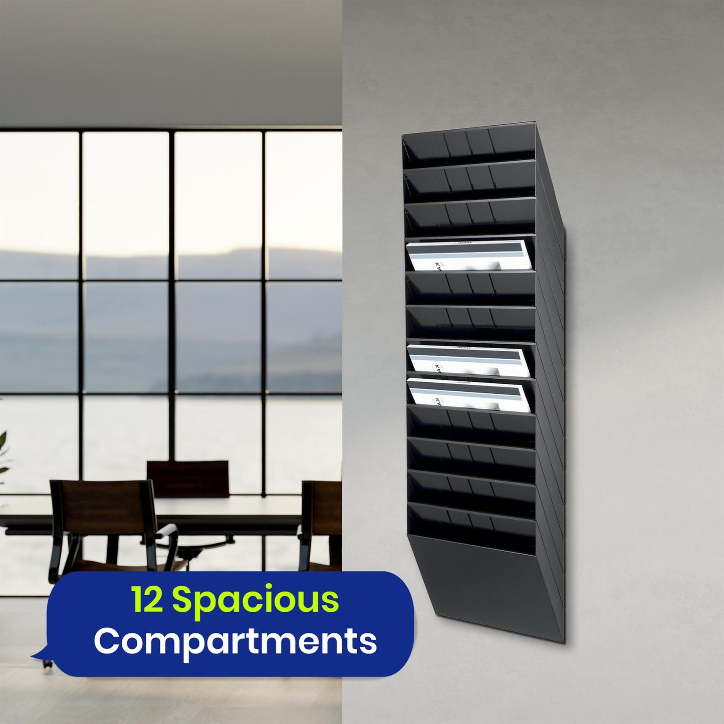 A4 Landscape Wall Mounted Document Holder with 12 Compartments for Flyers & Magazines