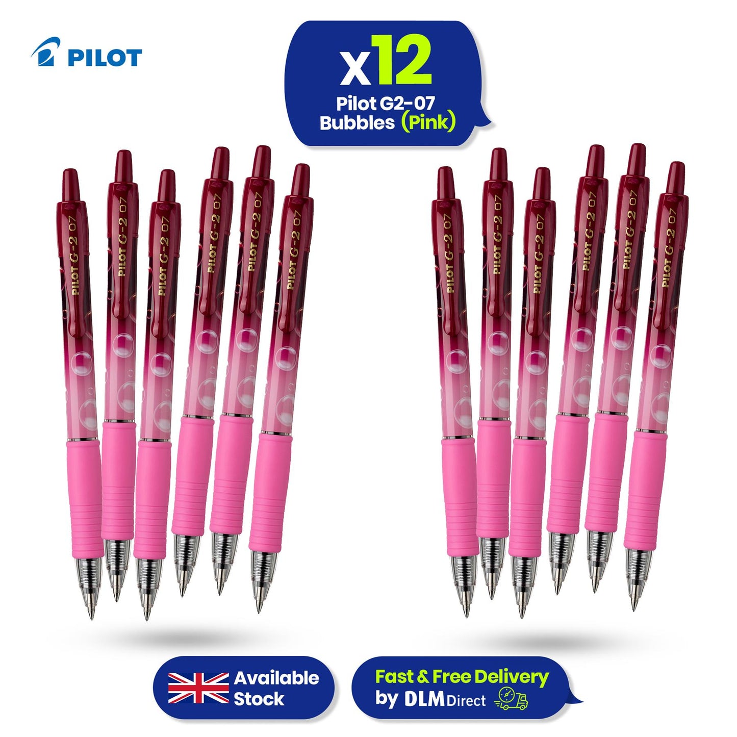 Pilot G2-07 Gel Pen Bubble Pink Pack of 12 Blue Gel Ink 0.7mm Ergonomic Grip