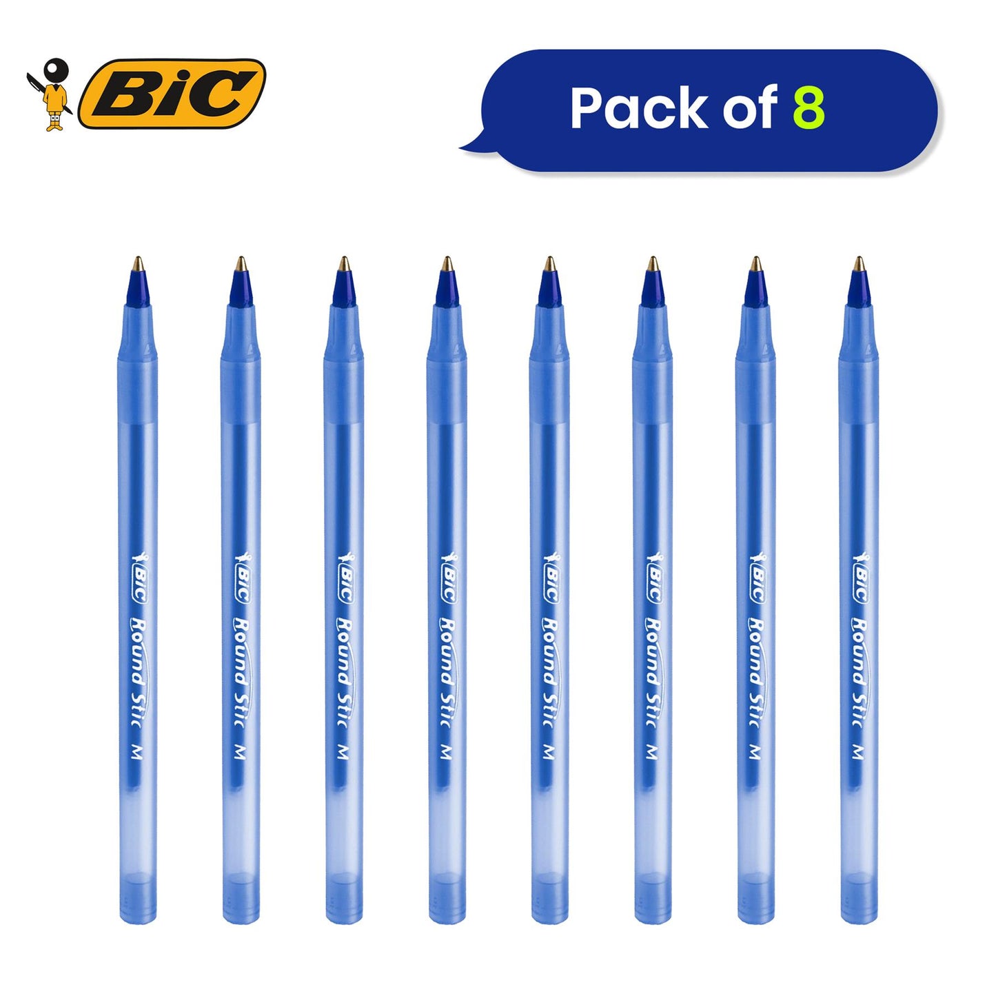 Bic Round Stic Medium Writing Ball Pen - BLUE - PACK OF 8