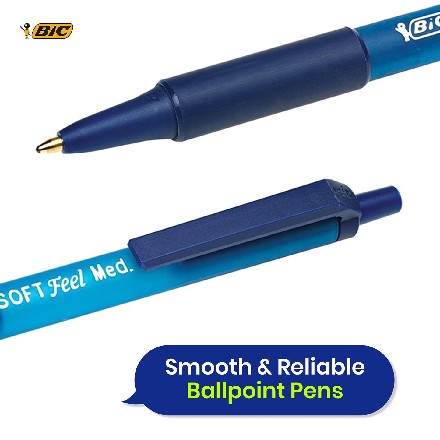 BIC Soft Feel Clic Grip Pens Pack of 15 Blue Ballpoint Pens with 1mm Tip