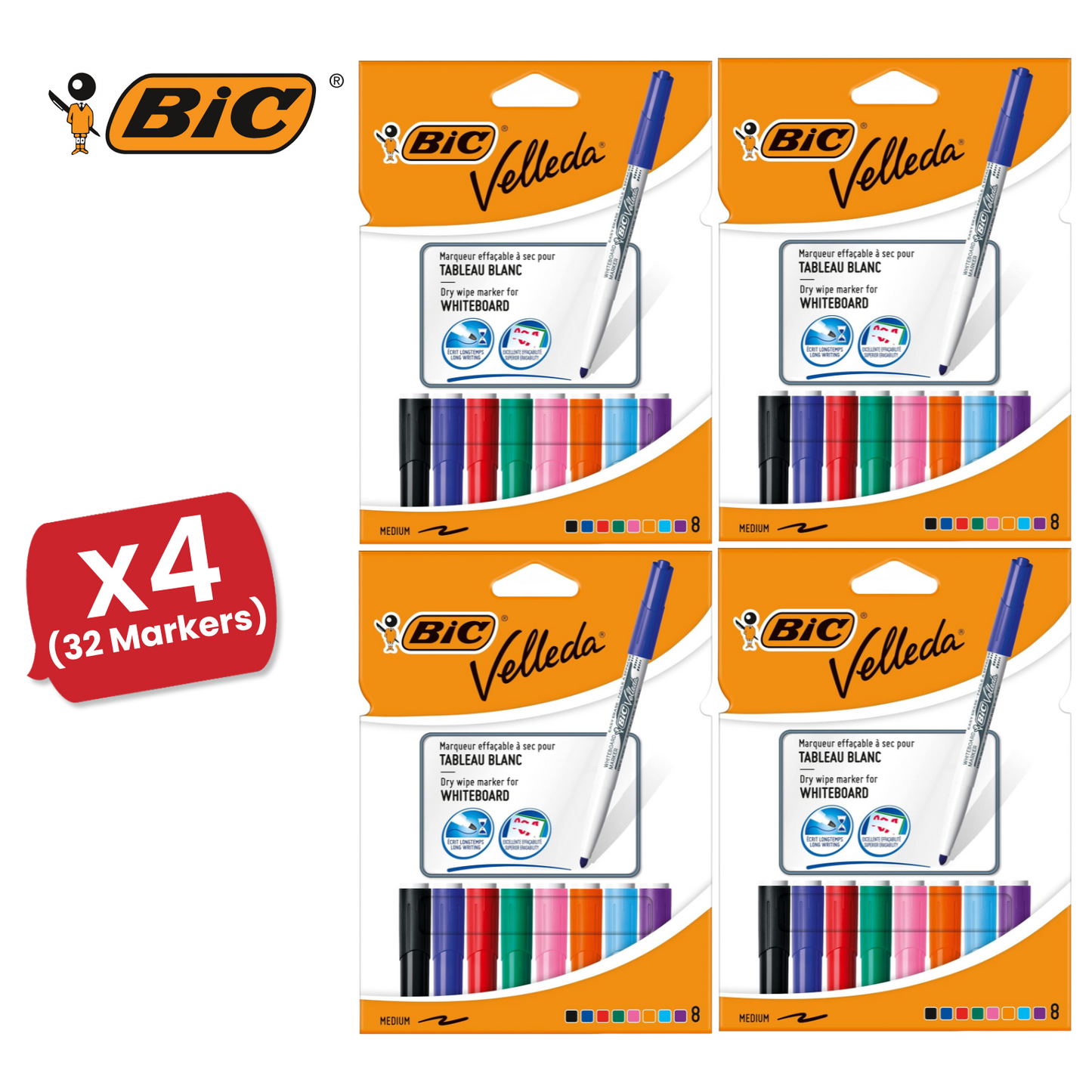 Bic Velleda 1741 Whiteboard Drywipe Assorted Marker - Pack of 8 - 1 to 5 Packs