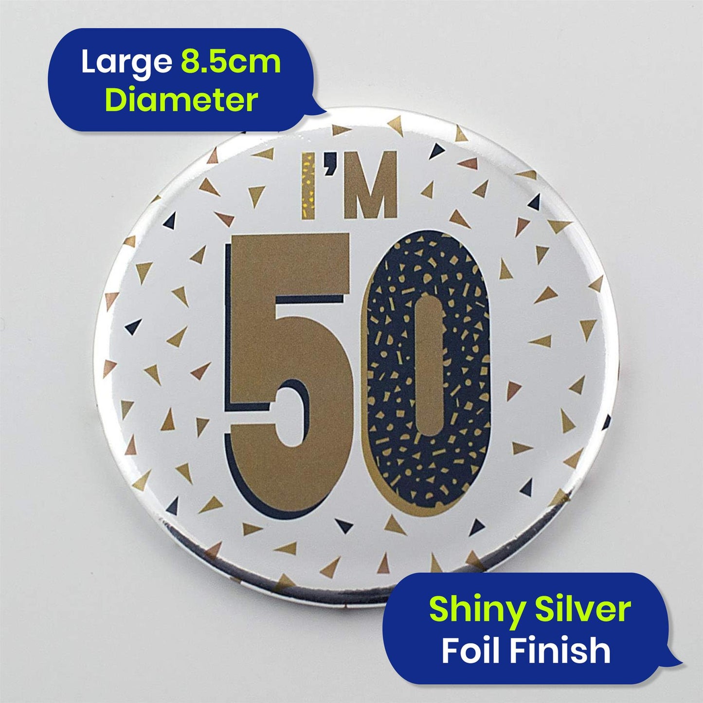 Silver 50th Birthday Badge 8.5cm Age Badge for Party Outfit and Celebrations