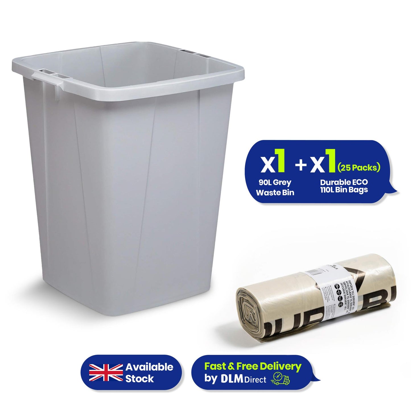 110L Bin Bags 25 Pack and 90L DURABIN Grey Waste Bin Bundle Strong Recycled Plastic Set