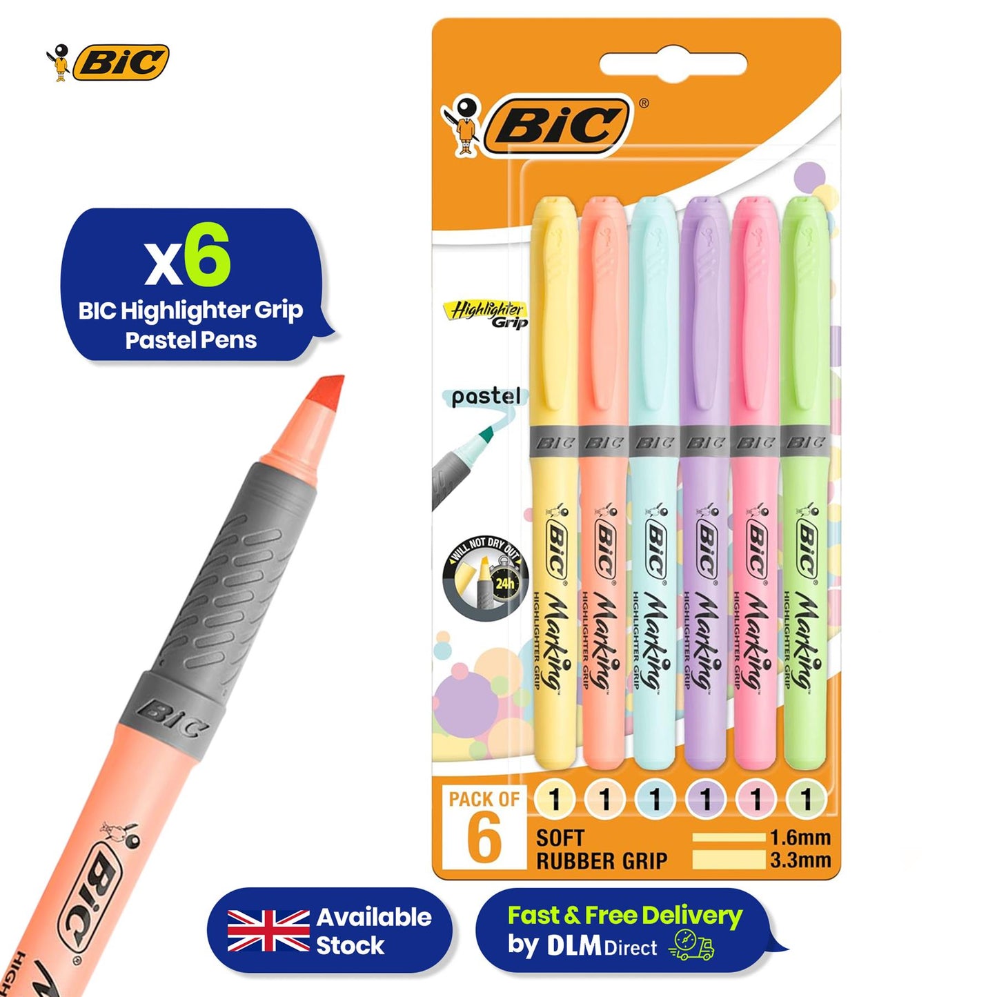 BIC Highlighter Grip Pastel, Highlighter Pens with Adjustable Chisel Tip, Assorted Colours, Pack of 6