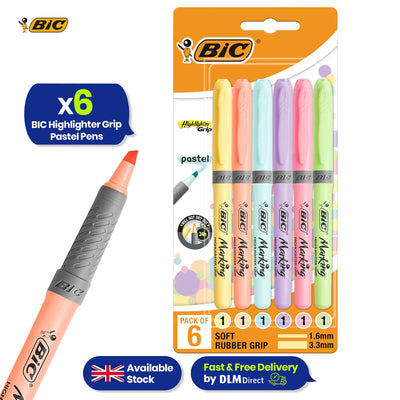 BIC Highlighter Grip Pastel, Highlighter Pens with Adjustable Chisel Tip, Assorted Colours, Pack of 6