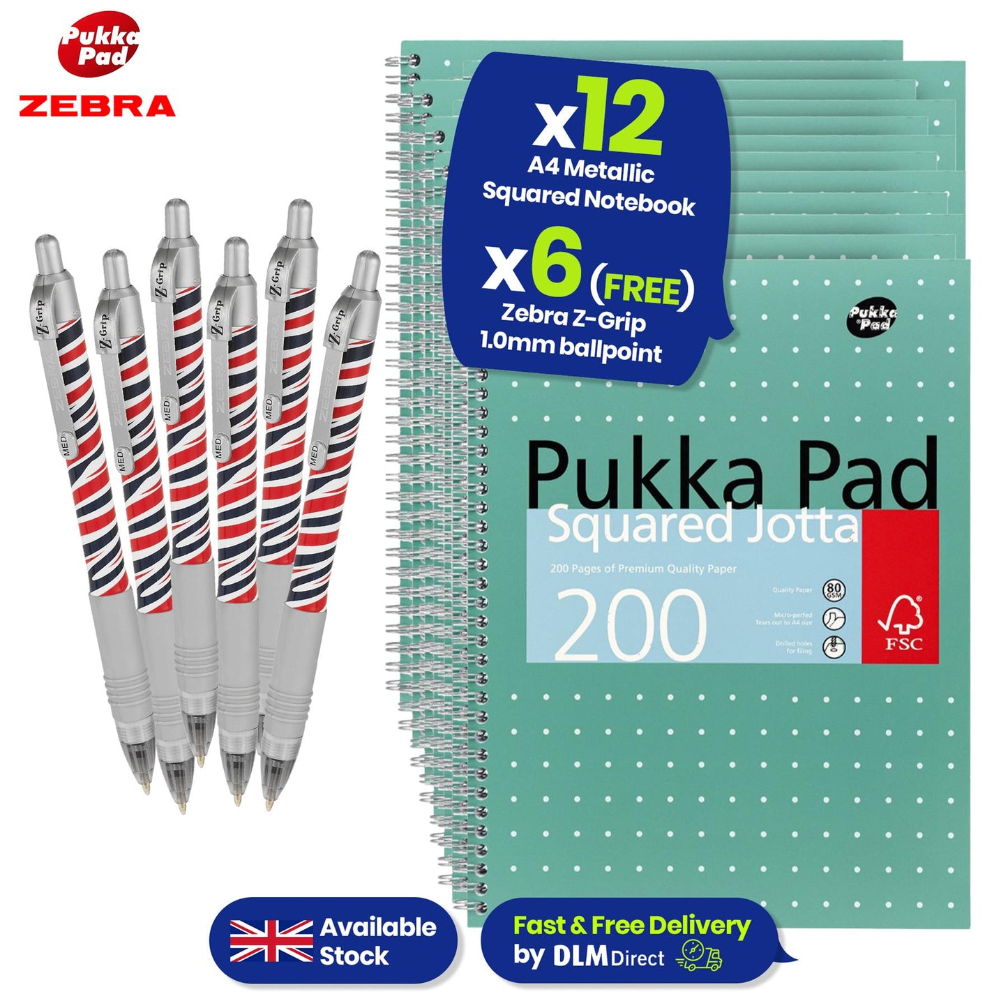 Pukka Pad A4 Metallic Squared 200 Page Notebook with Free Zebra Ballpoint