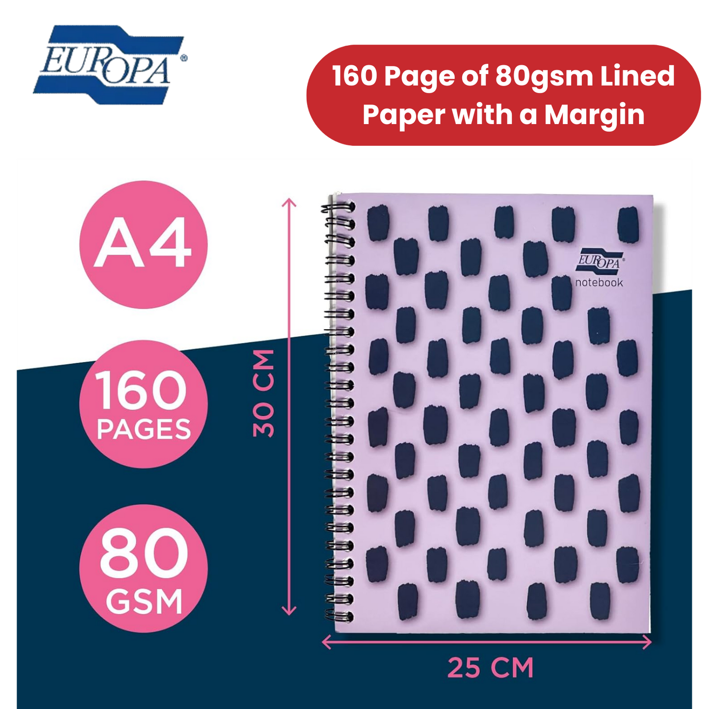 Europa Splash A4+ Notepad Wirebound 160 Pages 80g FSC Paper Ruled Punched Purple