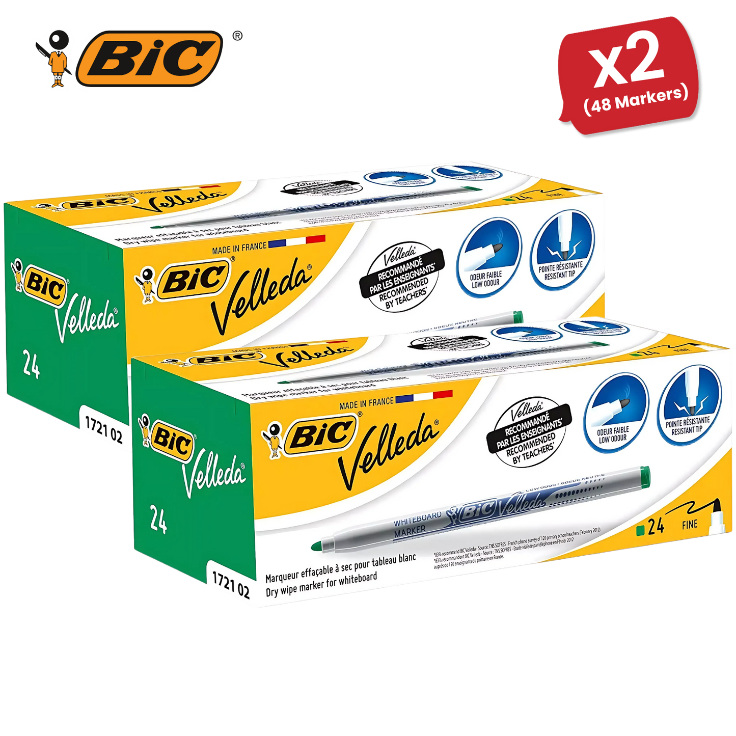 BiC Velleda 1721 Green Dry-Wipe Whiteboard Markers for Bold, Clean Writing, x24
