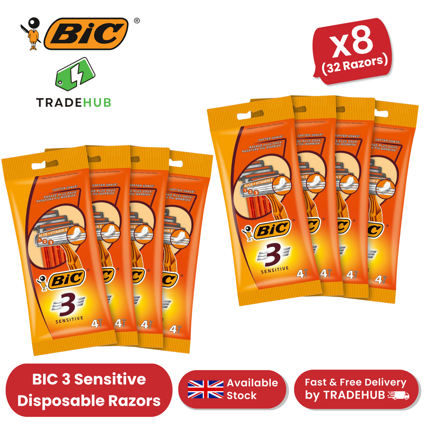 BIC 3 Sensitive 3-Blade Disposable Razors for Men Aloe + Vitamin E - 8 Pack