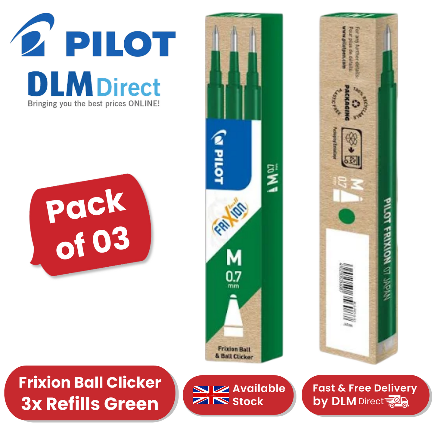 Pilot Frixion Refills 0.7mm Green (Pack of 3) Office, School & Home Use