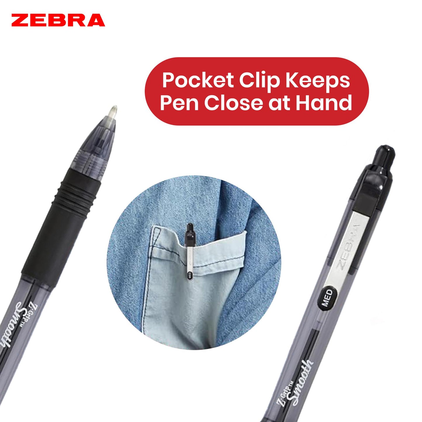 Zebra Smooth  Ballpoint Pen Black Z Grip Retractable Pen 1.0mm Medium Point Biro for School Office (Pack of 50)