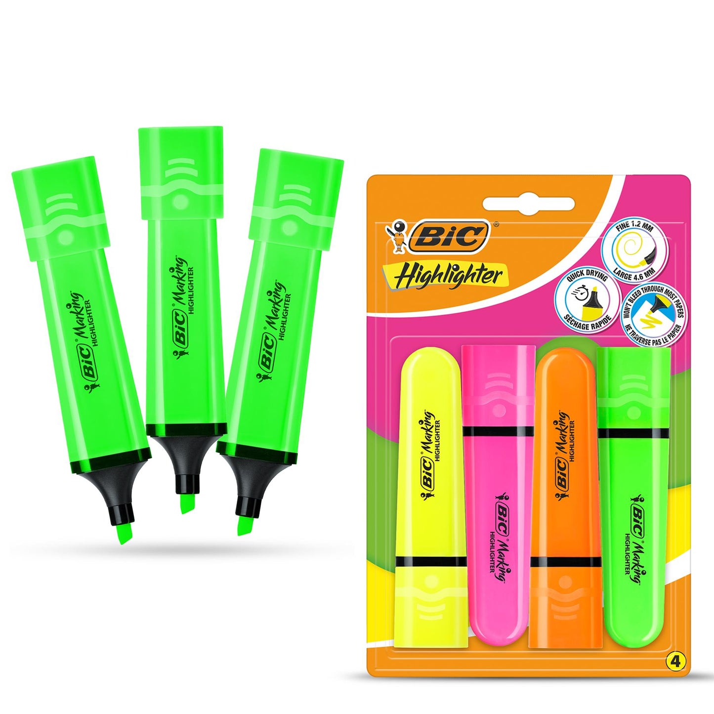 BIC Highlighter Flat Marker Neon Green Pack of 3 & 4x Assorted Chisel Tip Quick Dry