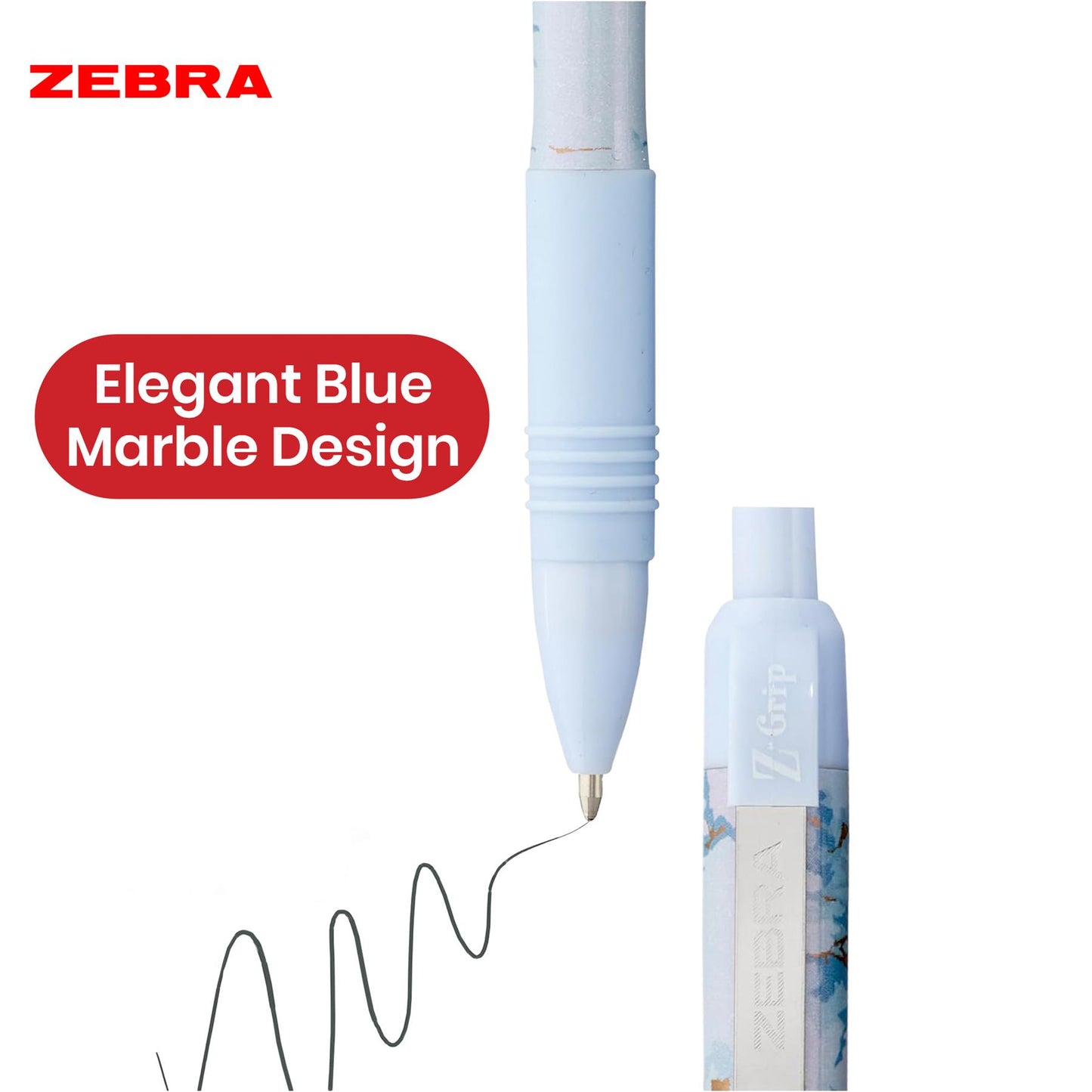 Zebra Z-Grip Ballpoint Pens Pastel Blue Marble Retractable Pens, 3 Pcs Black Ink Biros for School