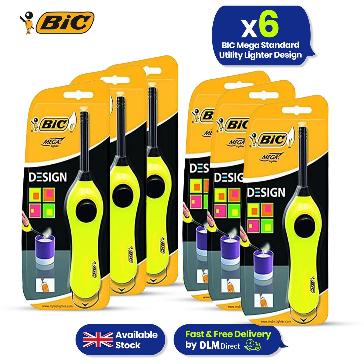 BIC Mega Utility Lighter - Plastic 6cm Wand Cooking Lighter, Push Button Lighters for BBQ