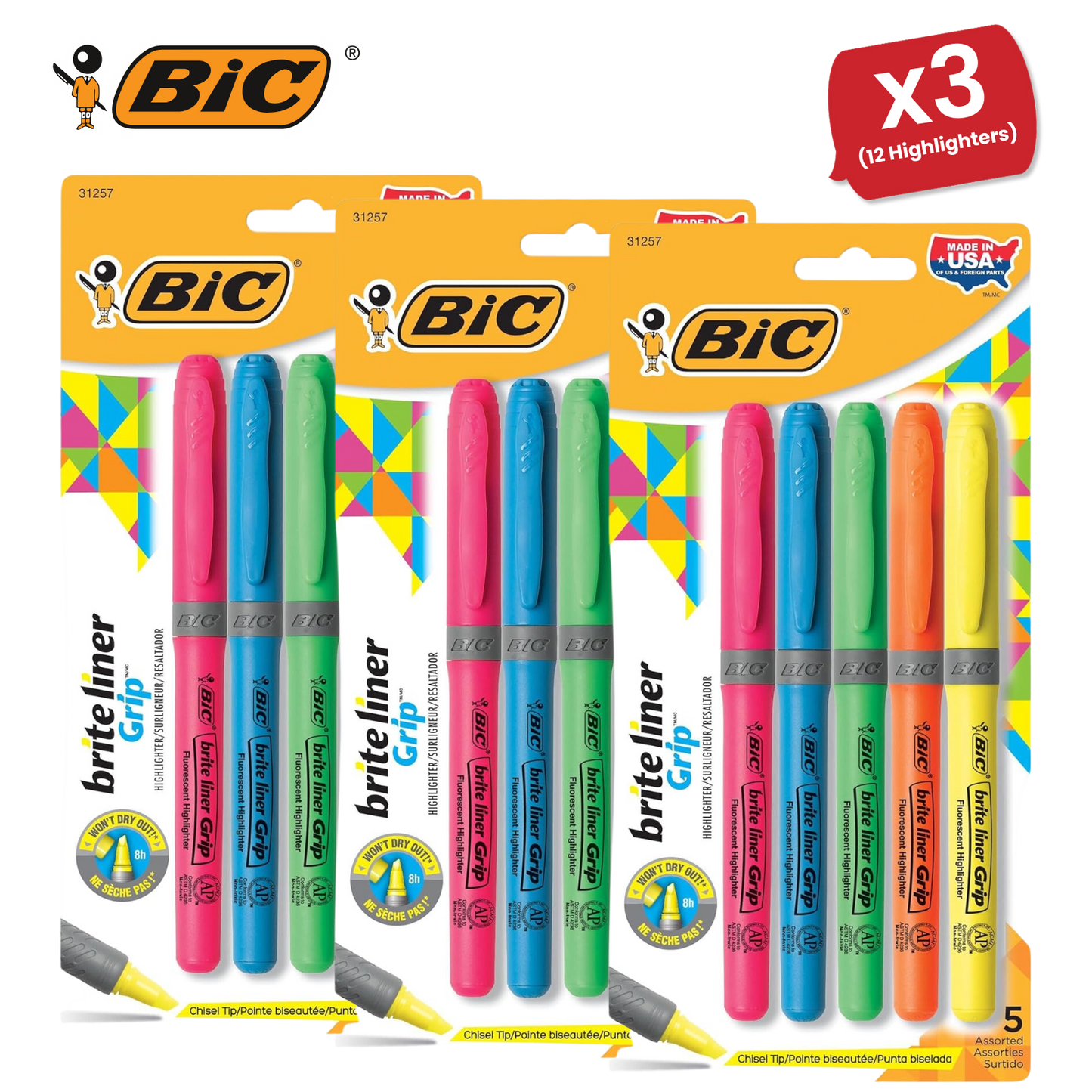 Bic brite liner Grip (1.6 to 3.3 mm) Chisel Tip Highlighter Pen Assorted (1 x Pack of 5 Highlighter Pens) - 1 to 5 Packs