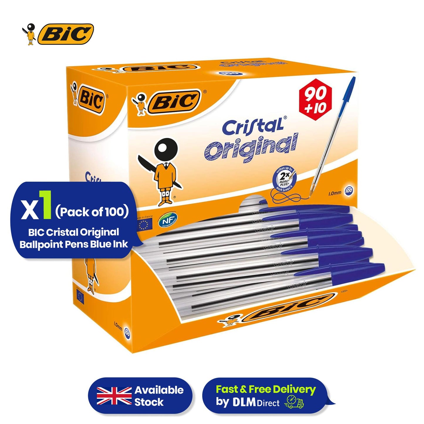 BIC Cristal Original Ballpoint Pens with Blue Ink and 1.0mm Medium Tip for Daily Writing Pack of 100