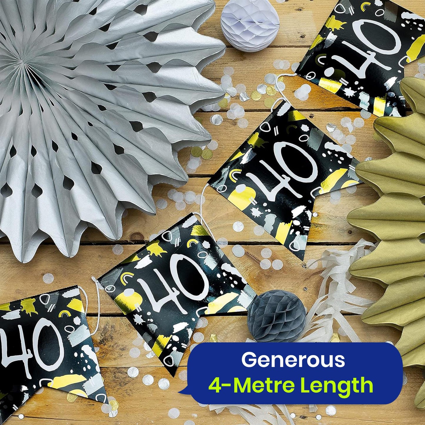 Happy 40th Birthday Black and White Bunting 4M Party Banner with 10 Flags Durable