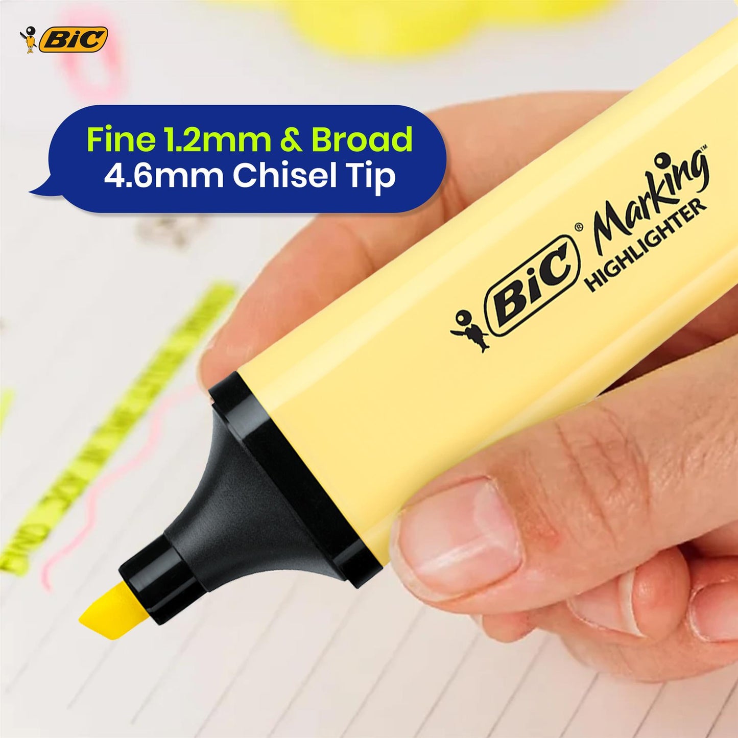 BIC 3x  Marking Highlighter Flat Pastel Yellow Modular Tip for Precise Highlighting