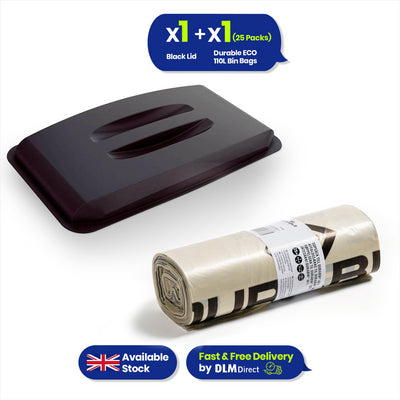 DURABIN 60L Black Lid and 25x 110L Recycled Bin Bags Set for Daily Waste Handling