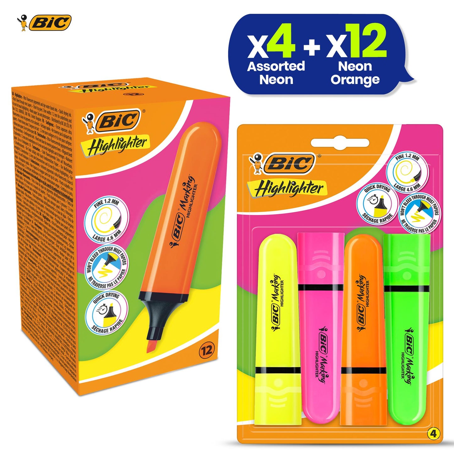 BIC Highlighter Flat Marker Neon Orange Pack of 12 & 4x Assorted Chisel Tip Quick Dry