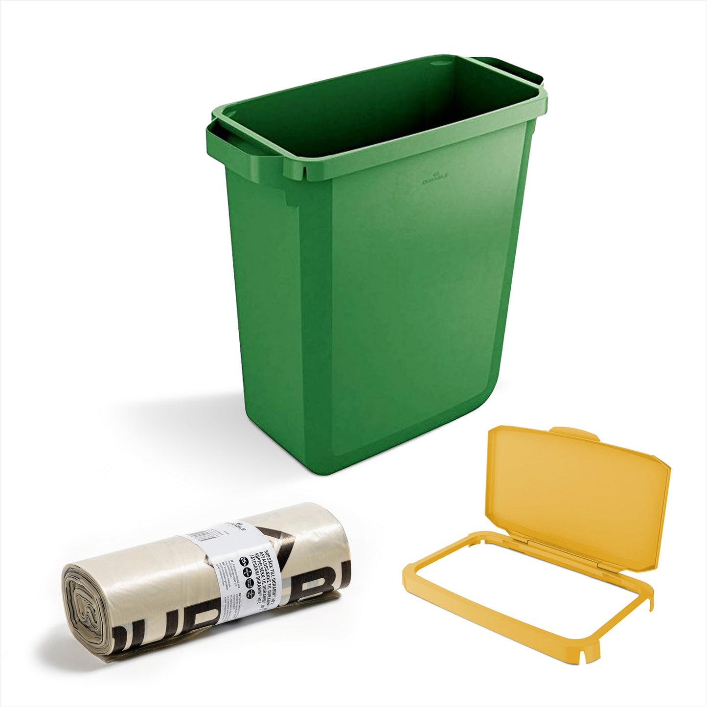 DURABIN 60L Green Bin Set & Yellow Hinged Lid and 25x 110L Recycled Bin Bags