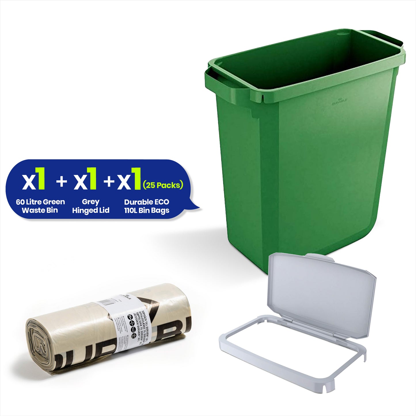 DURABIN 60L Green Bin Set & Grey Hinged Lid and 25x 110L Recycled Bin Bags