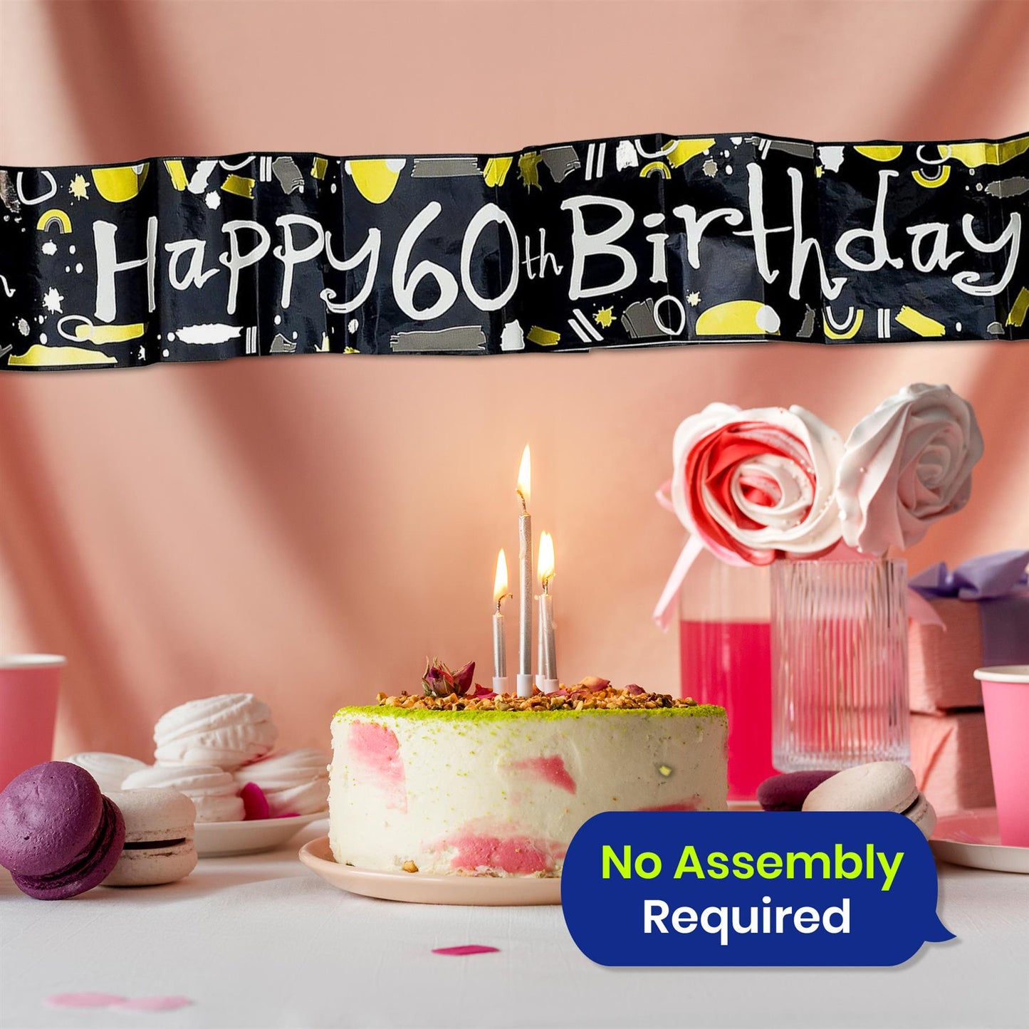 Happy 60th Birthday Black and White Banner 2.6m Party Decor for Milestone Celebration
