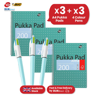 Pukka Pad 3x A4 Jotta Notebook & Pack of 3 BIC 4 Colour Fun Pen Ideal for School and Office Use