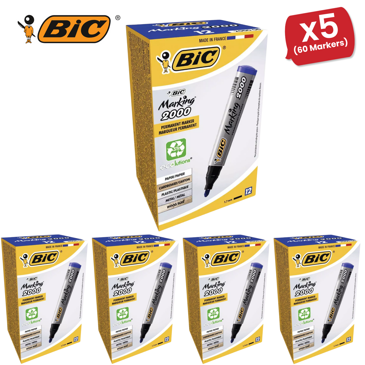 BIC Marking 2000 ECOlutions Permanent Bullet Tip Markers Blue - Box of 12 - 1 to 5 Packs