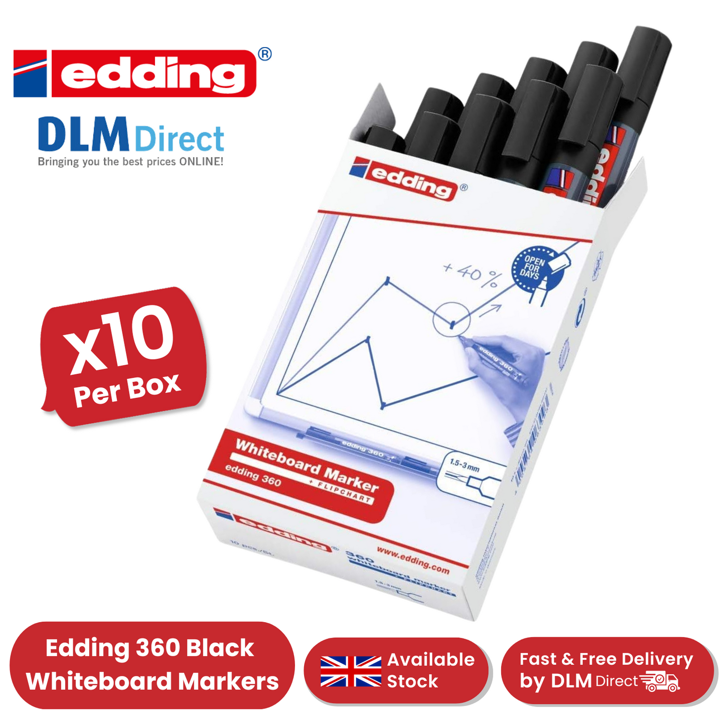 EDDING 360 BULLET TIP BLACK WHITEBOARD MARKERS - BOX OF 10