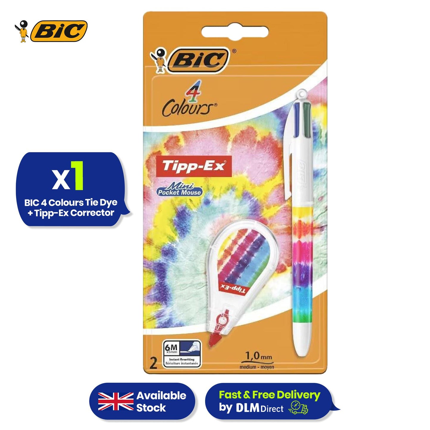 Bic 4 Colour Tie Dye - 1 Pen and 1 Tipp-Ex Mini Pocket Mouse Tie Dye - Blister Pack