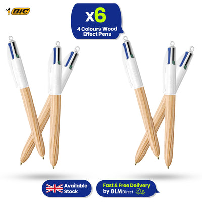 BIC 4-Colour Wood Effect Pens Pack of 6 Retractable Medium Point for Office School Home