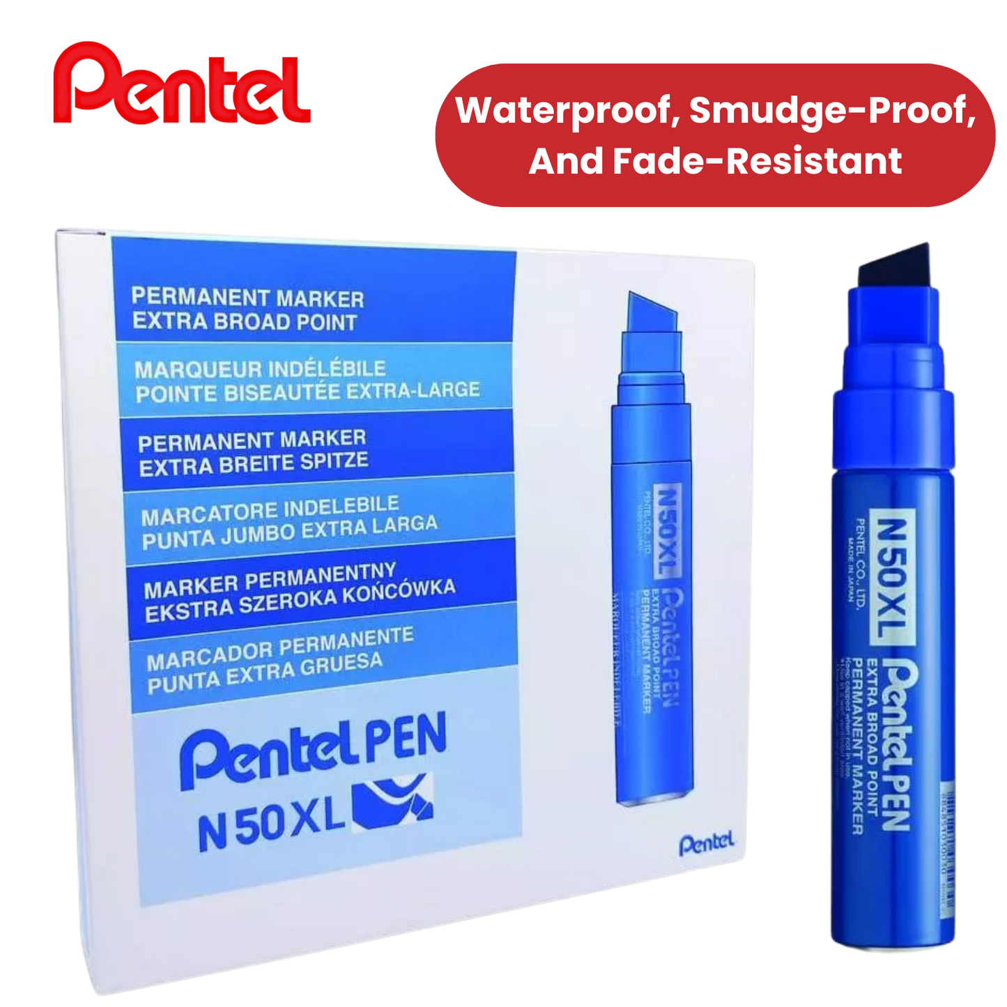 Pentel N50XL Permanent Marker Blue for Bold, Smudge-Proof Writing – Single Pen