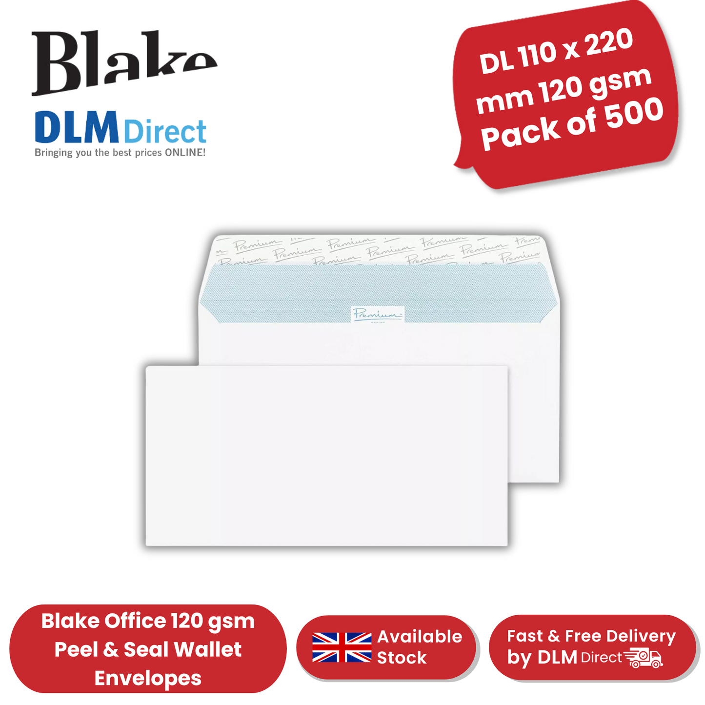 Blake Office DL 110 x 220 mm 120 gsm Peel & Seal Wallet Envelopes (32215) - 500